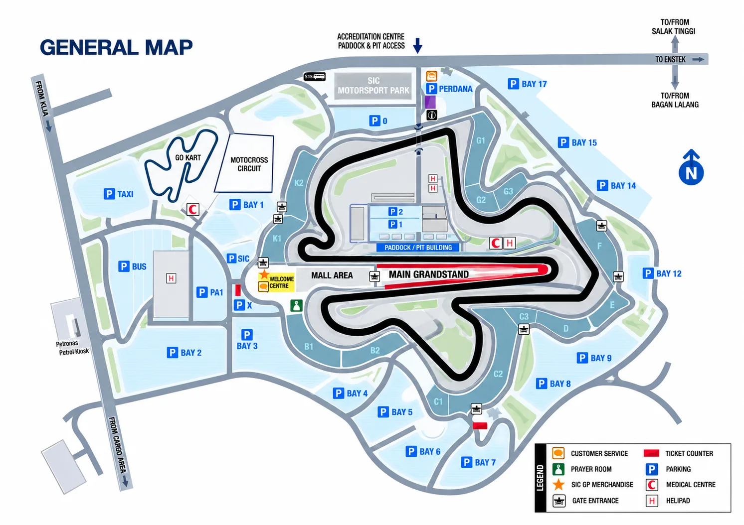 Sepang International Circuit general map showing the track layout, grandstands, parking areas and facilities