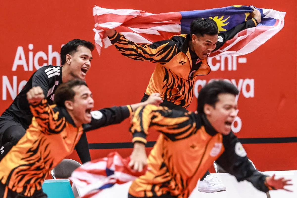 Malaysia sepak takraw team celebrating after winning Asian Games 2026 gold