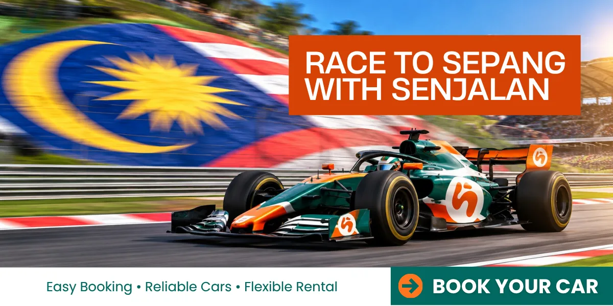 Senjalan Formula 1-inspired car racing on the Sepang circuit in Malaysia, featuring a Malaysian flag backdrop and Senjalan teal and orange branding.