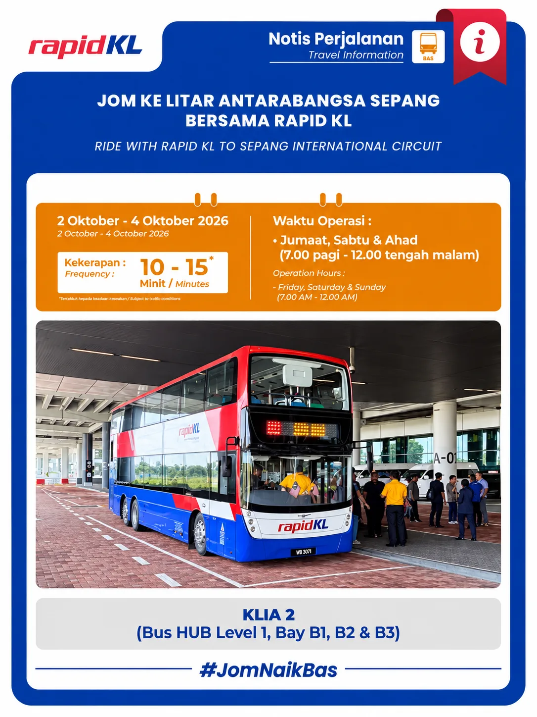 Rapid KL shuttle service from KLIA 2 to Sepang International Circuit during F1 Malaysia 2026.