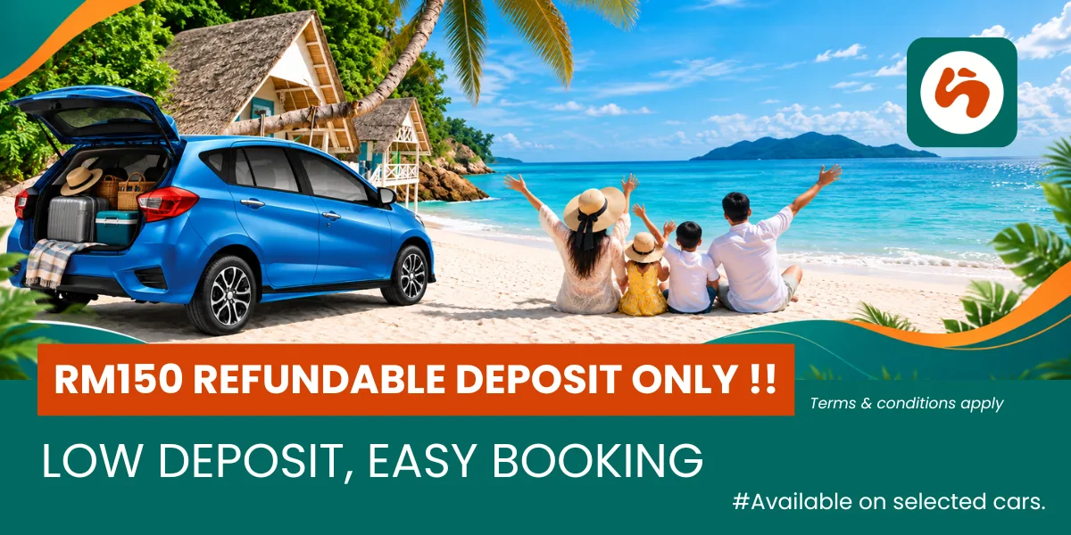Senjalan car rental offer featuring a RM150 refundable deposit on selected cars.