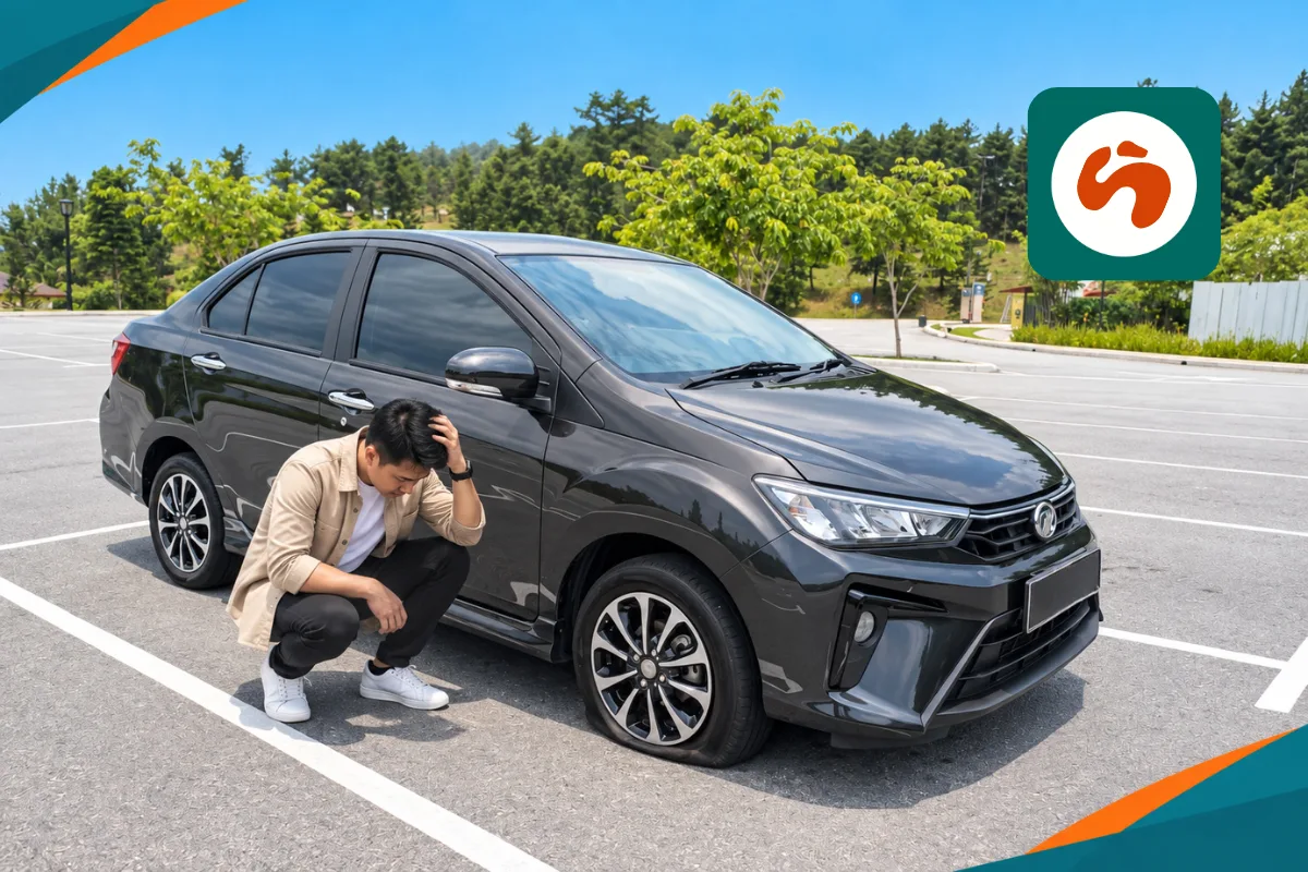 Flat tyre on a rental car during a road trip in Malaysia