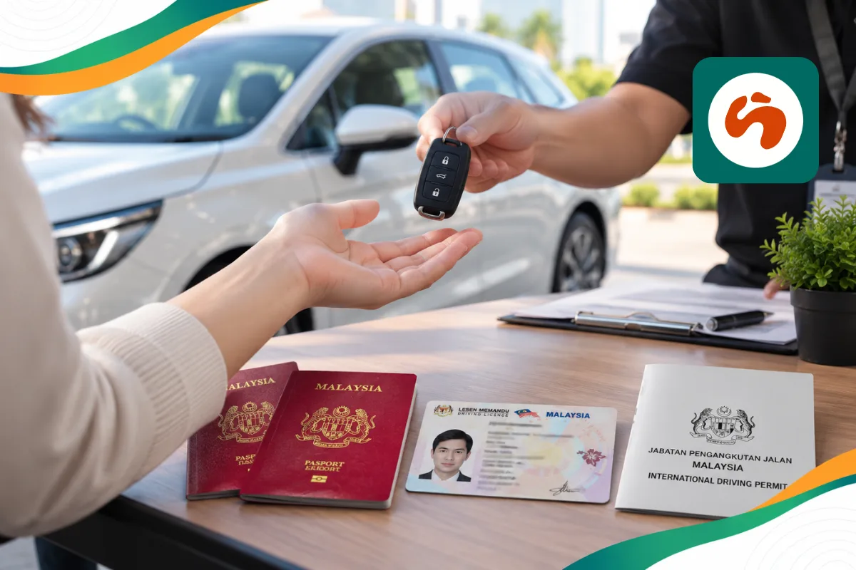 Traveller preparing documents to rent a car in Malaysia