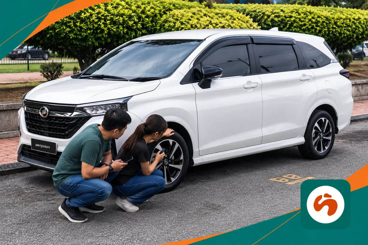 Traveller inspecting a rental car before driving in Malaysia