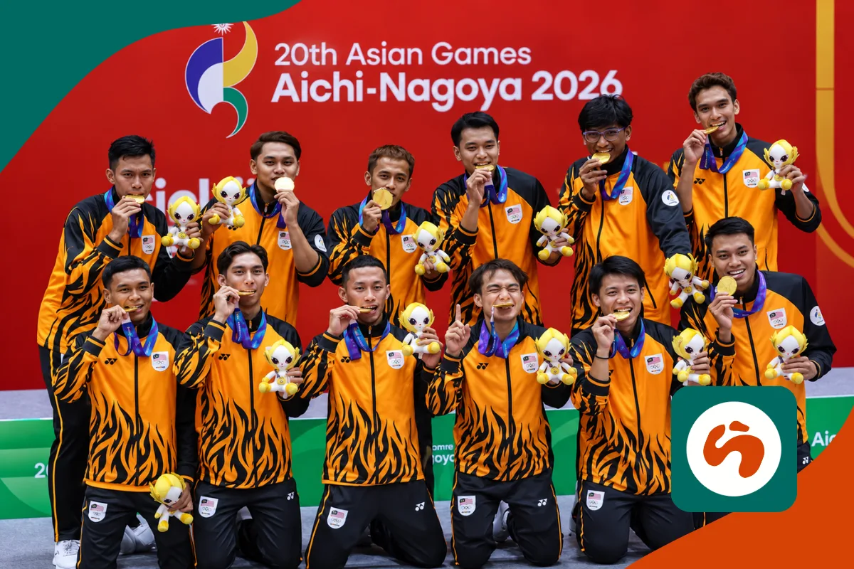 Malaysia sepak takraw team celebrating after winning Asian Games 2026 gold