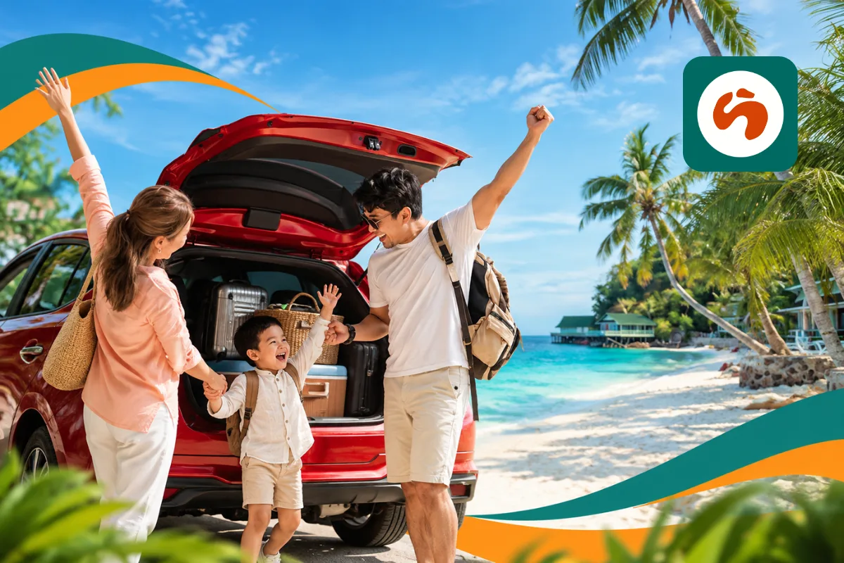 Travel bags packed in a car for a Malaysia road trip
